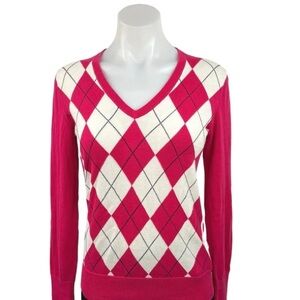 Tommy Hilfiger Pink and White Argyle V-Neck Sweater